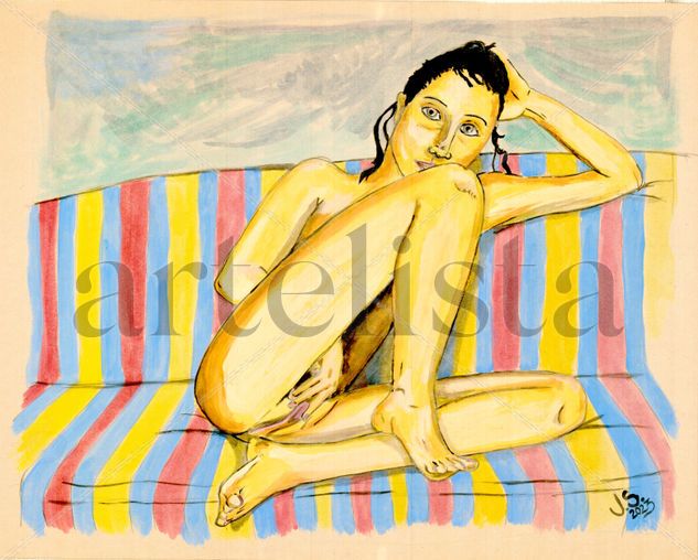 Joven sentada en sofa Watercolour Paper Nude Paintings