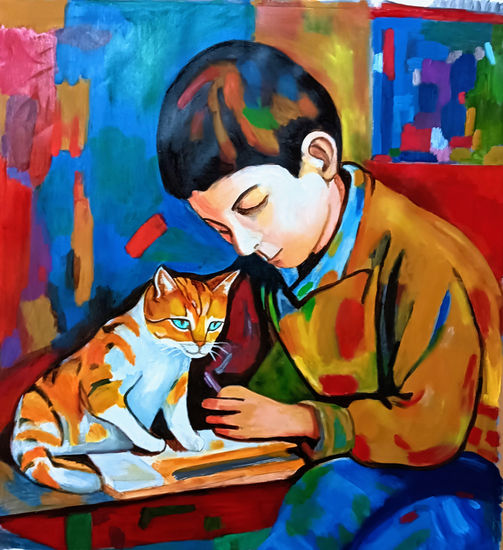 Tarde apacible con mi gato Oil Canvas Figure Painting