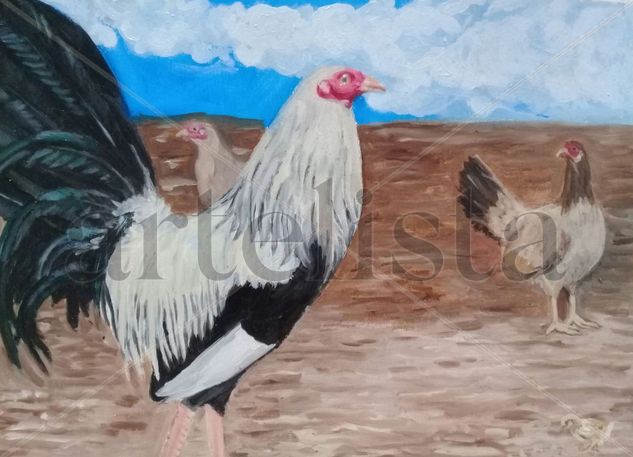 El gallo que sigue. Óleo Papel Animales