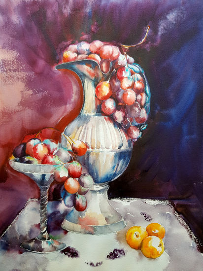 Bodegón barroco con uvas Watercolour Paper Still Life Paintings