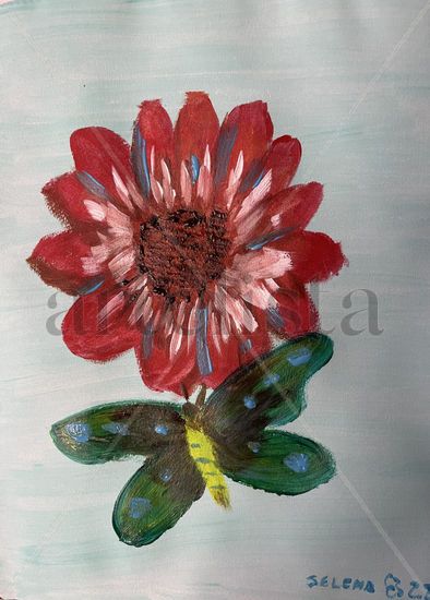 Flor y mariposa Acrylic Paper Floral Painting