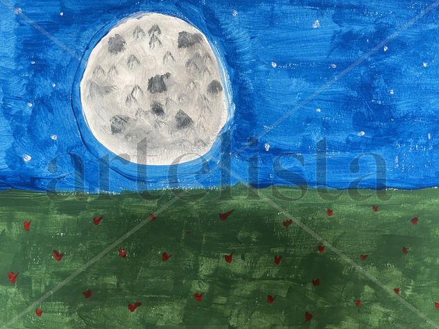 Luna en campo de amapolas Acrílico Papel Paisaje