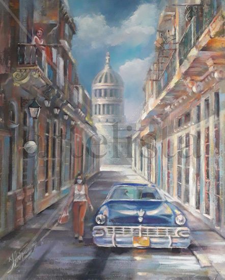 La Habana Vieja, el Capitolio Oil Panel Figure Painting