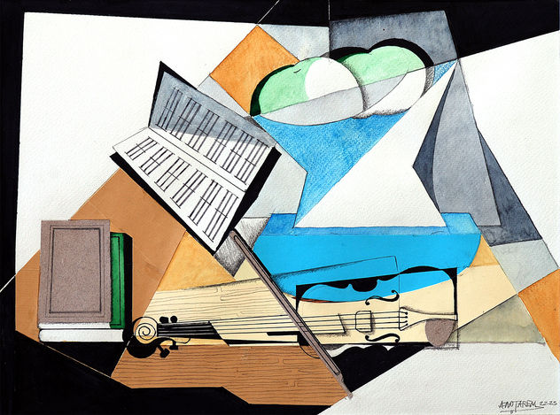 Interior con frutero y violin