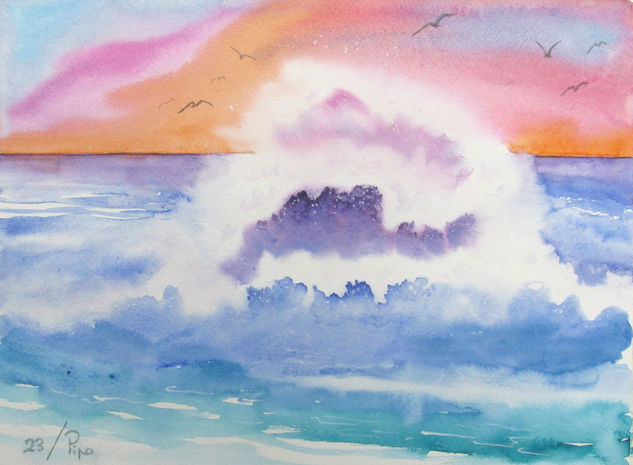 olas en el amanecer Watercolour Paper Marine Painting