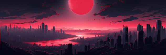 Ciudad futurista con cielo rojo