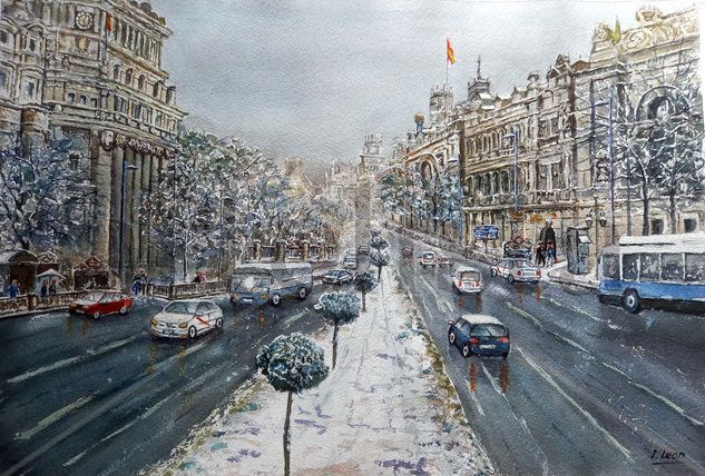 Madrid, Calle Alcalá y Edificio Cervantes. Acuarela Papel Paisaje