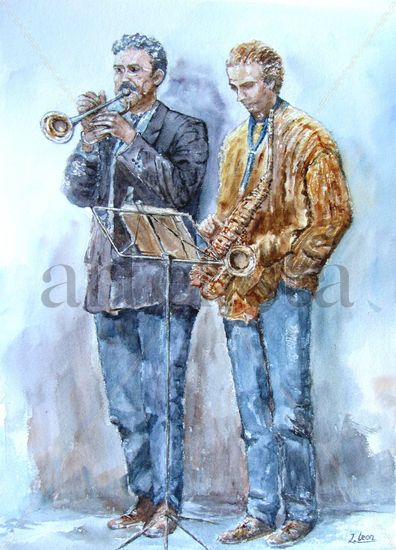 Musicos Callejeros Watercolour Paper Figure Painting