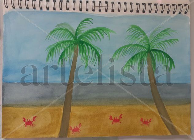 Palmeras y cangrejos Watercolour Paper Marine Painting