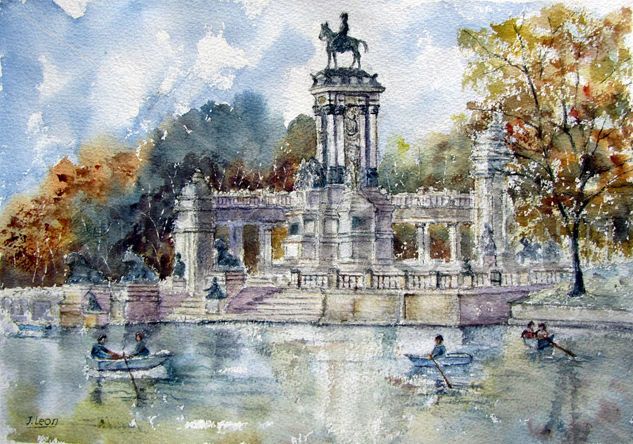 Madrid.Otoño en el parque del Retiro. Acuarela Papel Paisaje