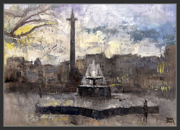 LONDON-ART-TRAFALGAR SQUARE-LONDRES-PINTURA-ADMIRAL BEATTY MEMORIAL-FOUNTAIN-MONUMENTOS-PAISAJES-PINTOR-ERNEST DESCALS Oil Paper Landscaping