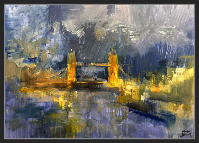 TOWER BRIDGE-LONDON-PAINTINGS-ART-LONDRES-PINTURA-NOCHE-RIO-TAMESIS-PAISAJES-ARTISTA-PINTOR-ERNEST DESCALS Óleo Papel Paisaje