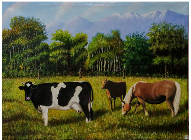 Ganadería con fondo de Chachani Oil Canvas Landscaping