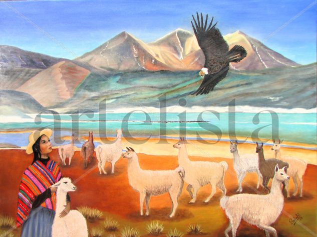 El cóndor y la pastora aymara.. Oil Canvas Animals