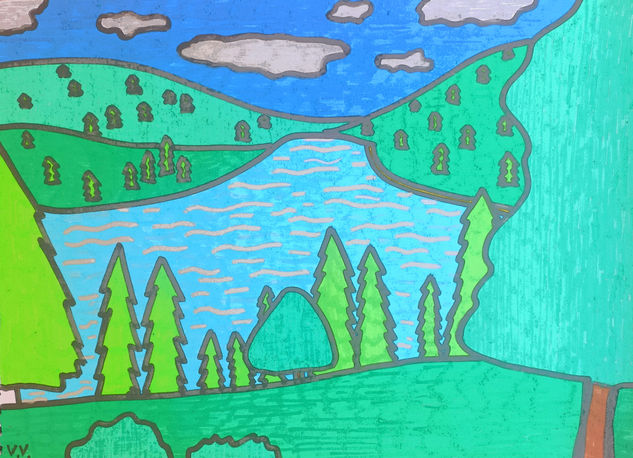 Paisaje con lago y montañas Felt-tip pen Paper Landscaping