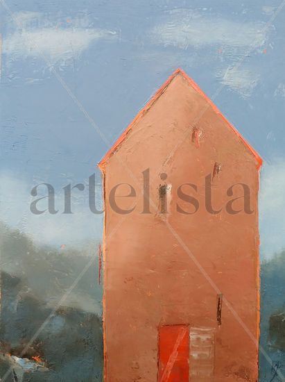 House With a Red Door Oil Canvas Landscaping