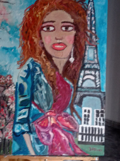 MUJER CON LA TORRE EIFFEL DE FONDO Óleo Lienzo Retrato