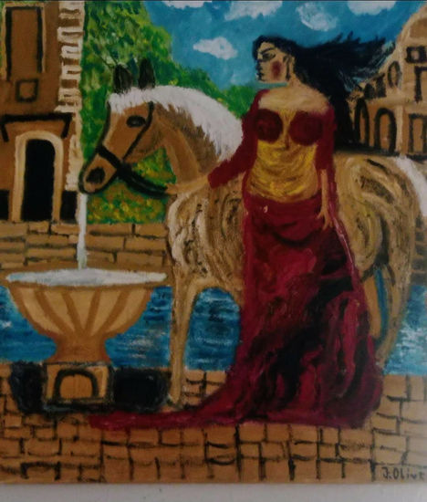 MUJER LLEVANDO SU CABALLO A BEBER AGUA Oil Canvas Animals