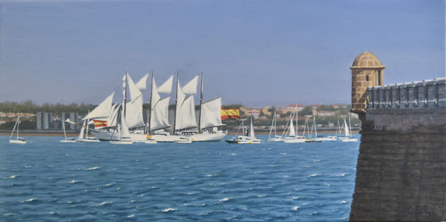 ELCANO SALIENDO DE CRUCERO EN CADIZ Óleo Lienzo Marina