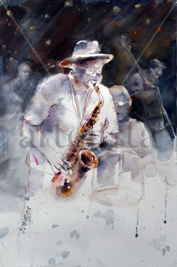 Saxofonista Acuarela Papel Figura