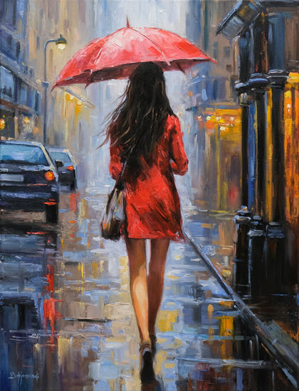 Street Rainy Day Oil Canvas Figure Painting