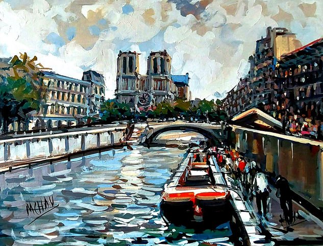 NOTRE DAME PARIS. Óleo Lienzo Paisaje