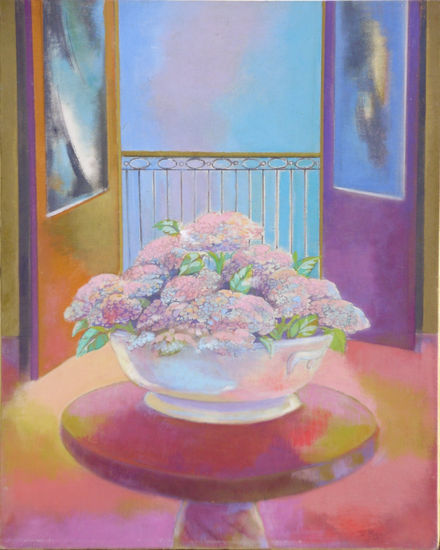 Susana Rojas. 2005 Atardecer con hortensias. Óleo. 50 x 63 cm 