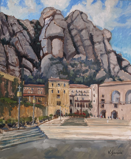 Vista del monestir de Montserrat i la roca del Sastre Óleo Lienzo Paisaje