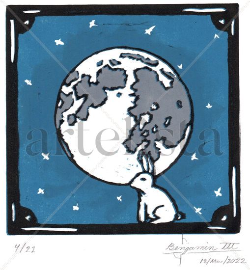 La luna en el espejo Linocut