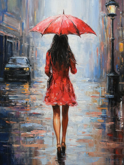 Walking a rainy day Oil Canvas Portrait