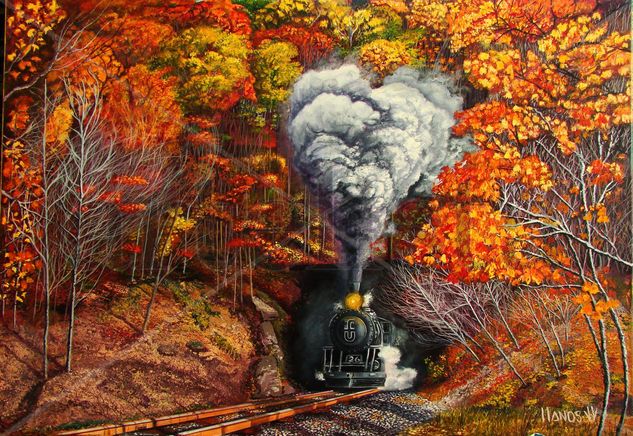 tren en otoño Acrílico Lienzo Paisaje