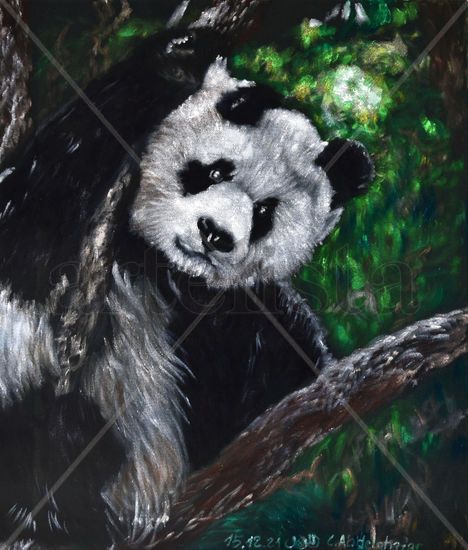 Panda bear on green velvet Oil Textile Animals