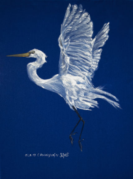 White heron on blue...