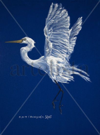 White heron on blue velvet Oil Textile Animals