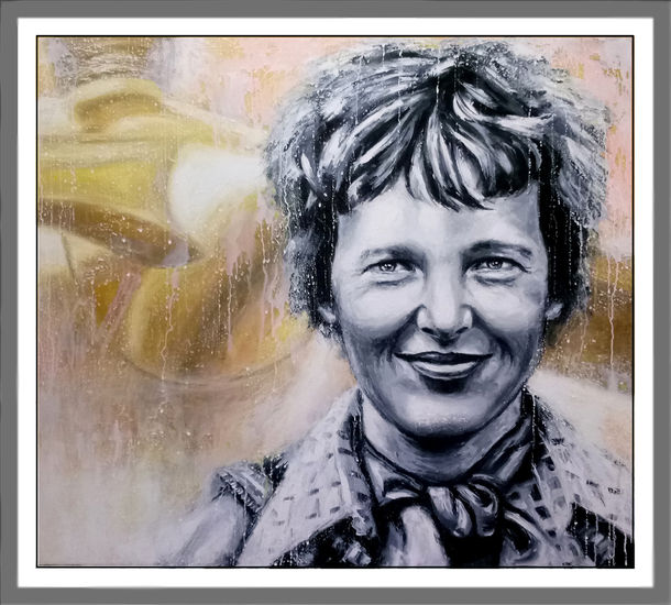 Amelia Earhart Oil Canvas Portrait