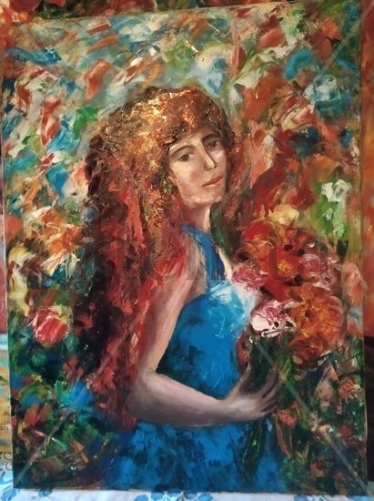 Muchacha con flores Oil Canvas Portrait