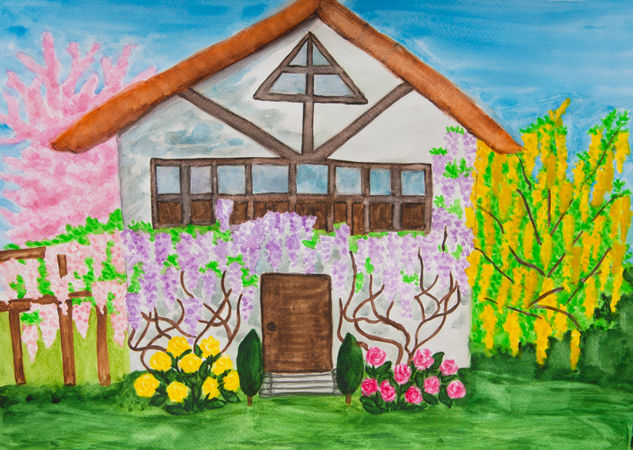 House with wistaria (house in Bulgaria) Watercolour Paper Landscaping