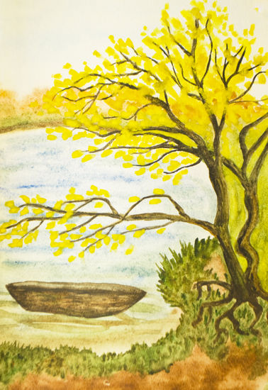 Autumn landscape with boat vertical Watercolour Paper Landscaping