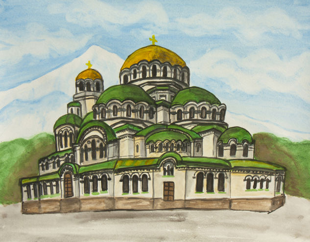 St. Alexander Nevsky cathedral, Sofia, Bulgaria Gouache Paper Landscaping