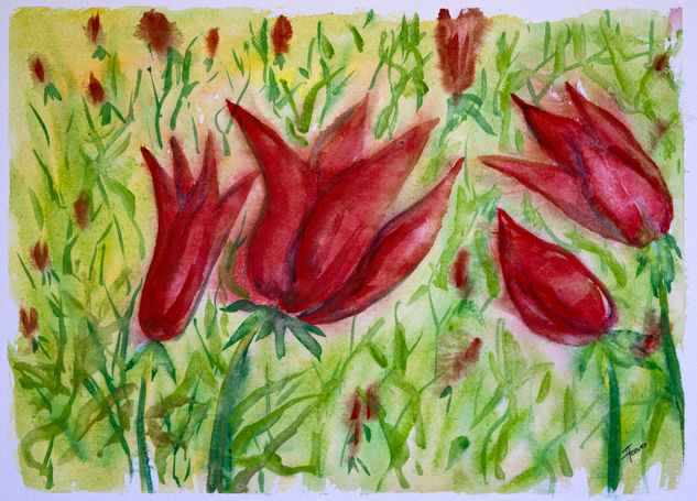 Campo de tulipanes Acuarela Papel Paisaje