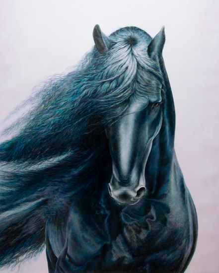 Anastasia Woron:"El Eclipse Negro"-Caballo Óleo Original Firmado (81x100cm.)2023 Óleo Lienzo Animales