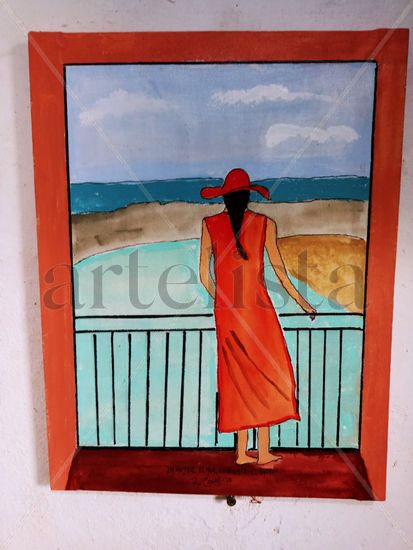 La mujer el mar la bahía el balcón. Acrylic Canvas Landscaping