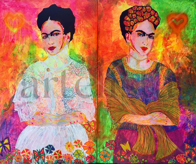 “Las dos Fridas” Mixed media Canvas Figure Painting