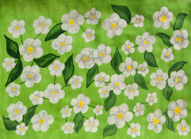 White spring flowers on light green Gouache Paper Floral Painting