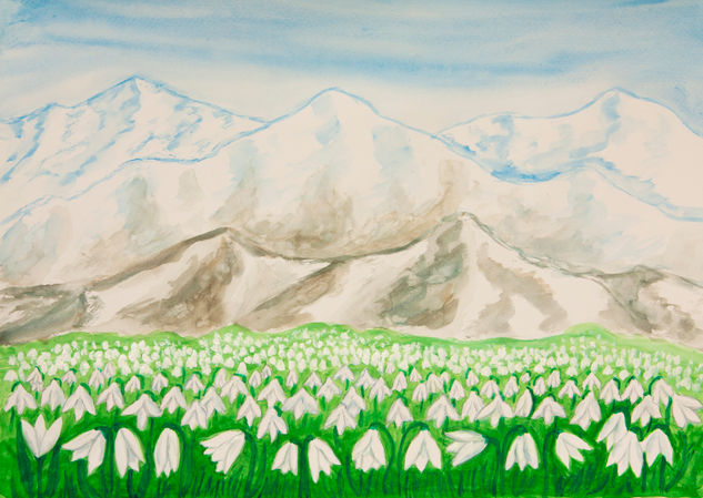 Snowdrops in hills Acuarela Papel Paisaje