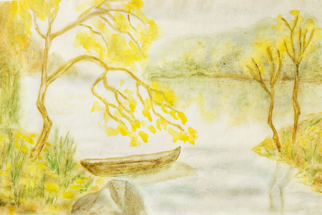 Autumn landscape with boat horizontal Watercolour Paper Landscaping