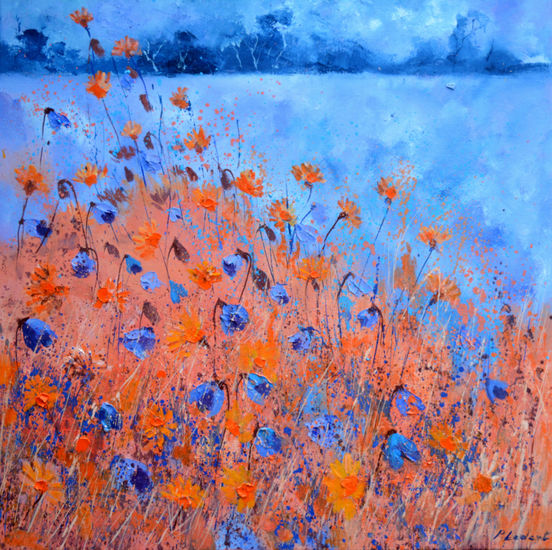 Cornflowers and orange field Óleo Lienzo Floral