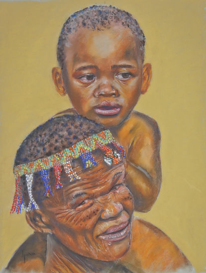 Familia bosquimana. Botswana Pastel Paper Portrait