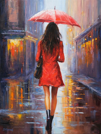 Rainy day in the city Oil Canvas Portrait