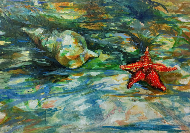 Fondo marino con caracola y estrella Oil Canvas Marine Painting